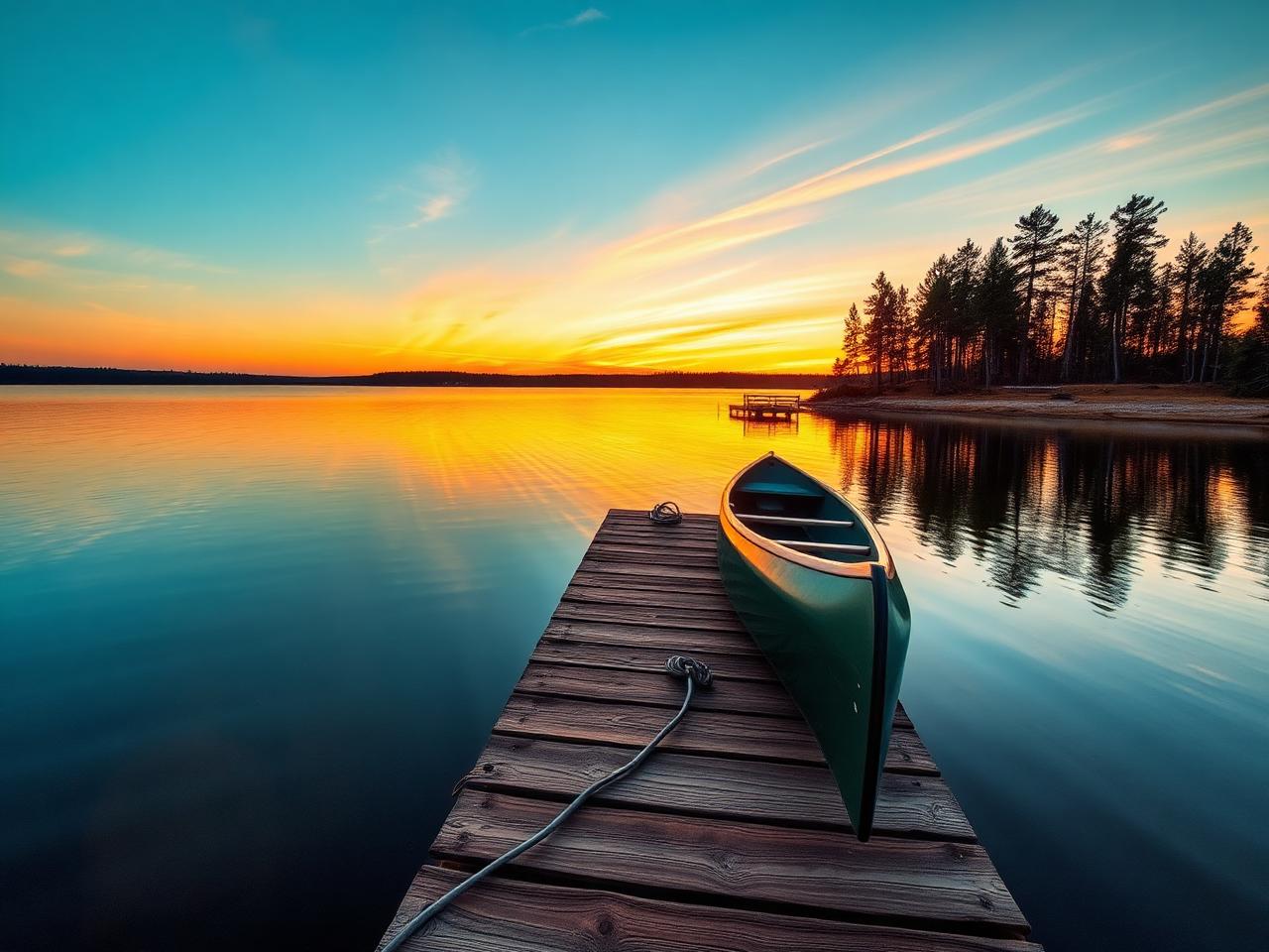 Wooden dock at sunset on the lake