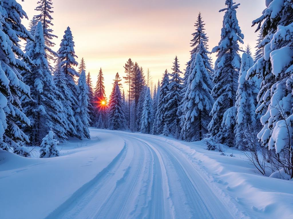 Snowmobile trail through a snowy Northwoods Wisconsin forest at sunrise